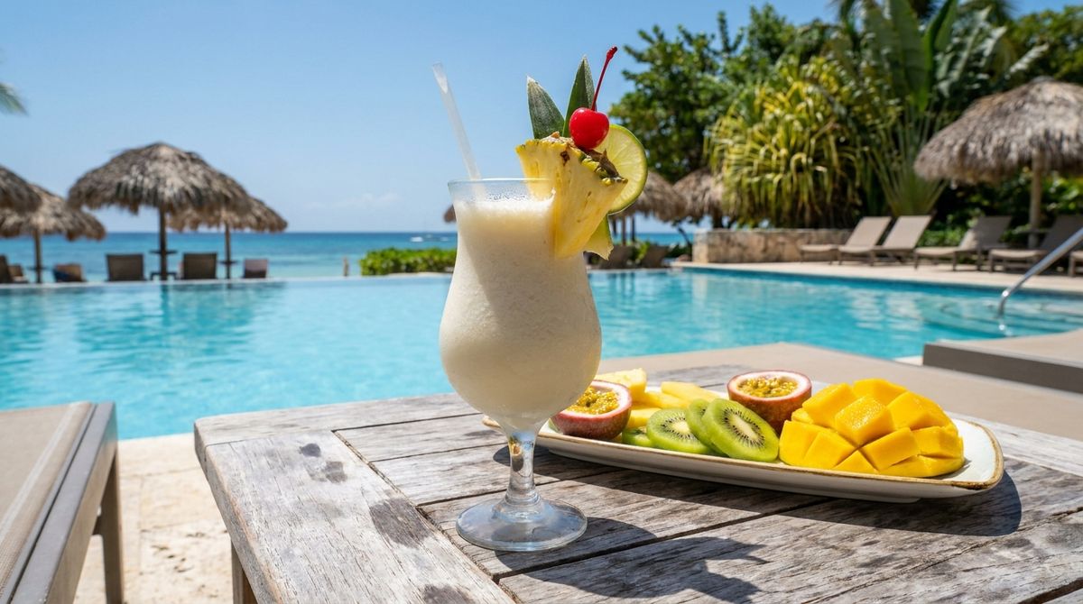 Osvěžující koktejl piňa colada s tropickým ovocem u bazénu v resortu La Romana