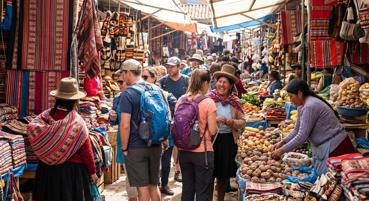 Barevné peruánské textilie a&nbsp;ruční výrobky na tržnici
