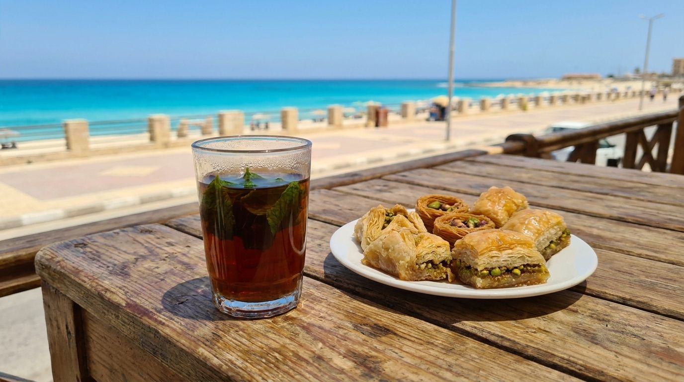 Sklenice sladkého egyptského čaje a orientální zákusky baklava na stole v Marsa Matrouh
