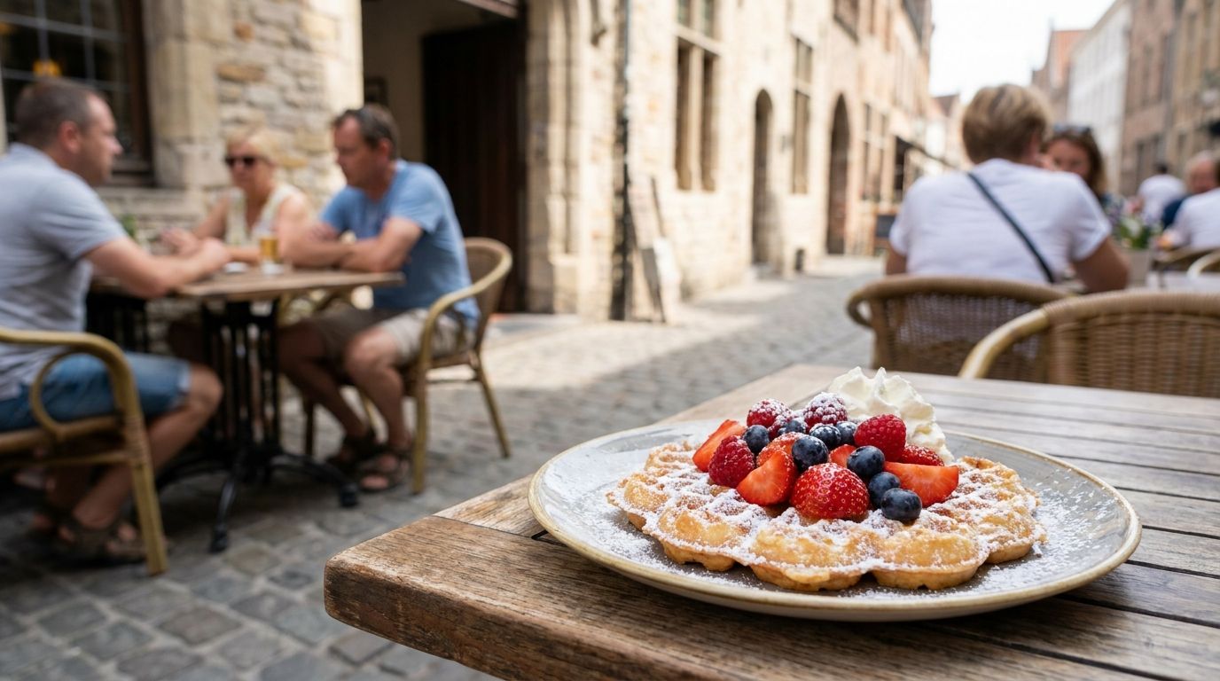 Belgické vafle sypané cukrem s ovocem a šlehačkou v kavárně v Bruggách