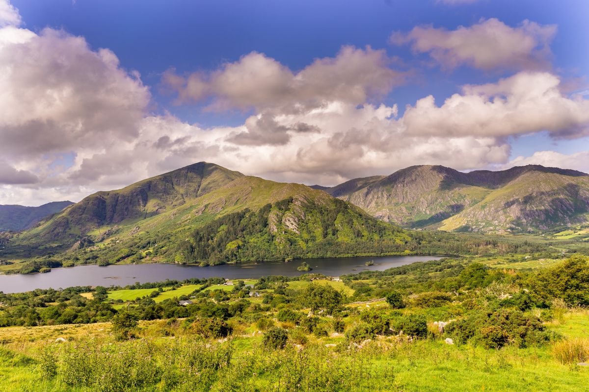 Krajina s&nbsp;pohledem na jezero a&nbsp;hory v&nbsp;oblasti národního parku Killarney obklopená zelenými pastvinami a&nbsp;lesy.