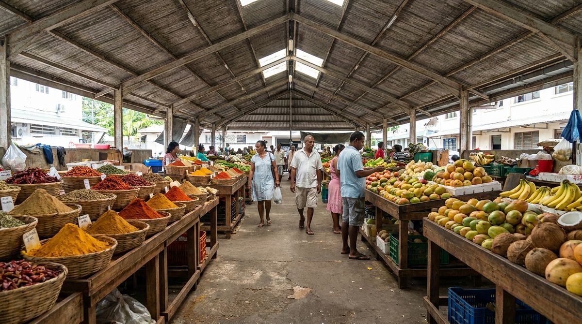 Farebný trh Sir Selwyn Clarke Market vo Victorii na Seychelách plný korenia a ovocia