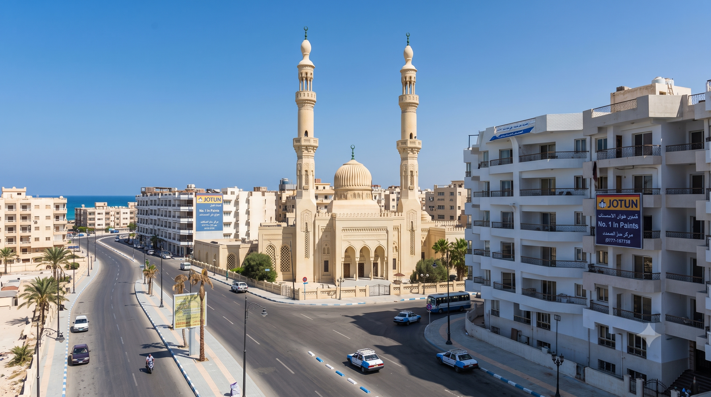 Minaret místní mešity a typická architektura přímořského města Marsa Matrouh v Egyptě