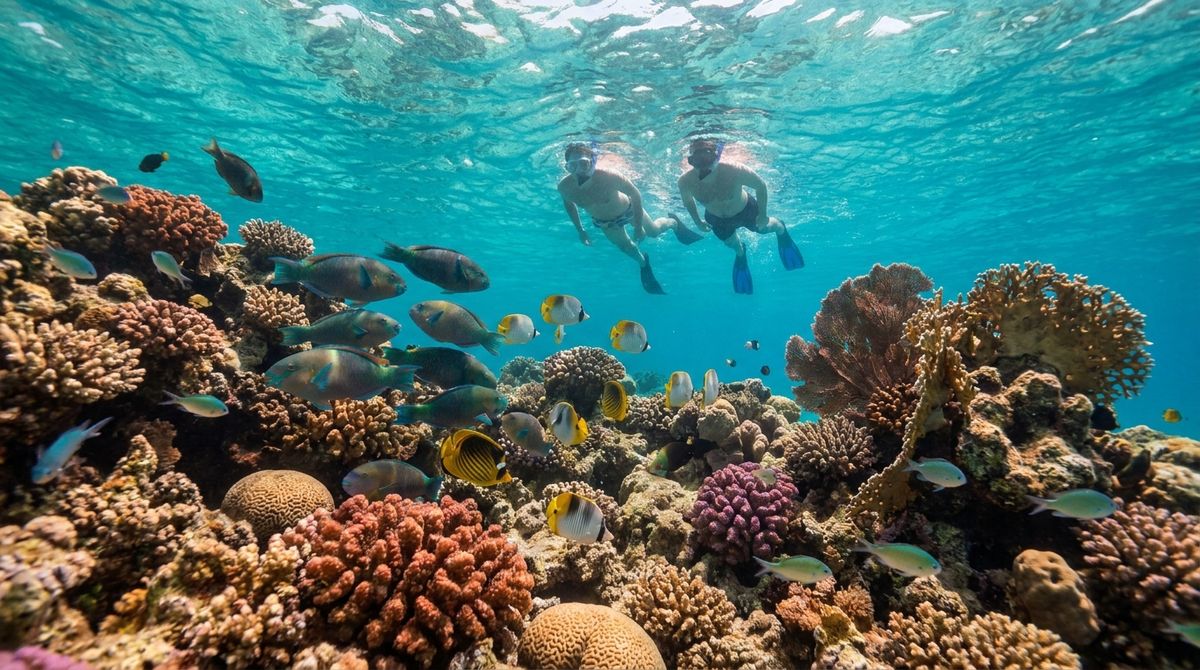 Barevný korálový útes a ryby při šnorchlování v Rudém moři u Marsa Alam