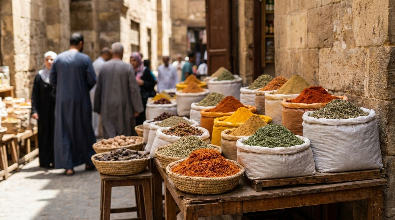 Barevné koření a bylinky na egyptské tržnici