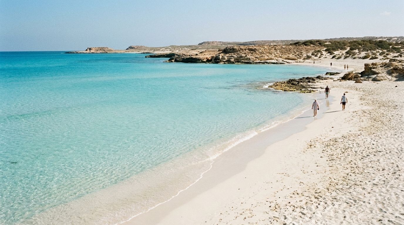 Bílá písečná pláž a klidná tyrkysová laguna ve středomořském letovisku Marsa Matrouh v Egyptě