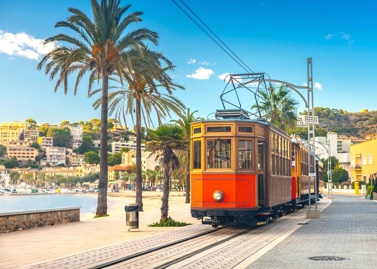 Historická tramvaj projíždí podél pobřeží městečka Port de Sóller na Mallorce, obklopená palmami a modrým mořem.