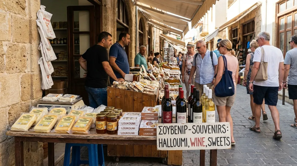 Pouliční prodej kyperských specialit – halloumi, víno a loukoumi