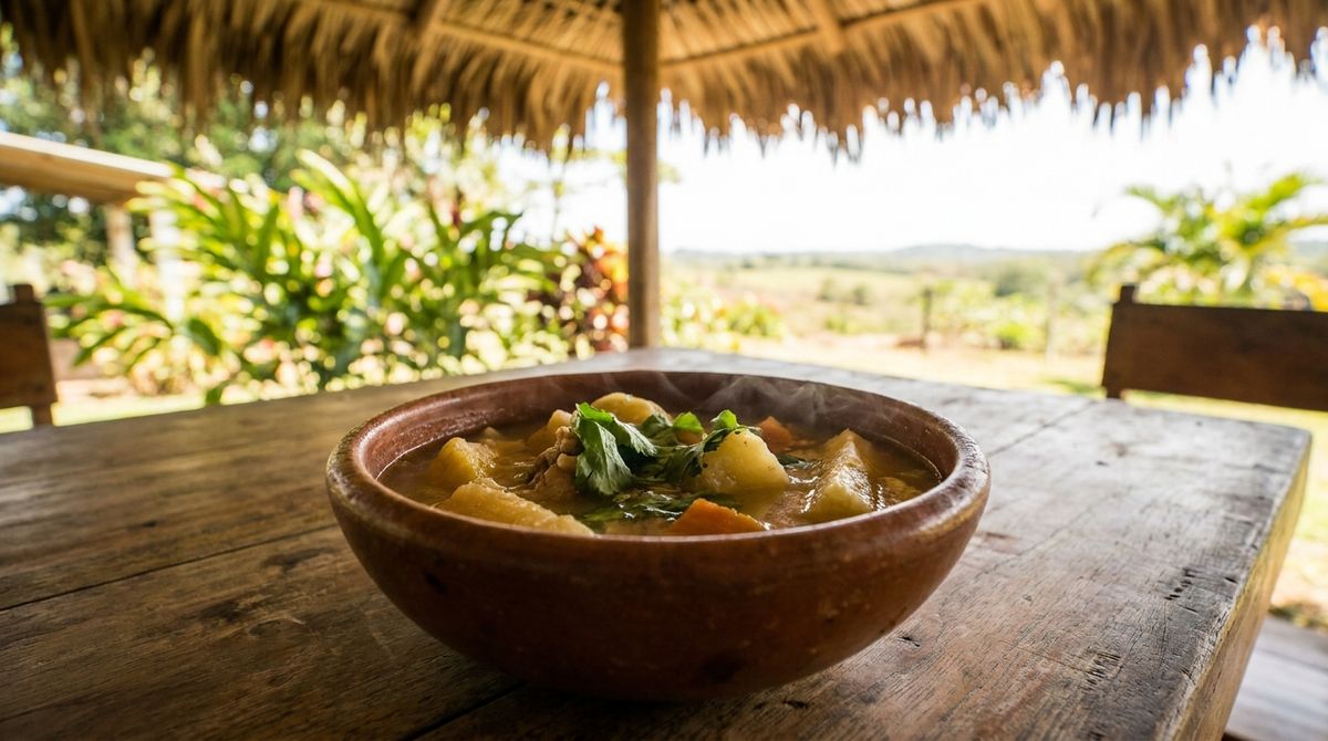 Sancocho, hutná kuřecí polévka s kořenovou zeleninou yucca a bylinkou culantro