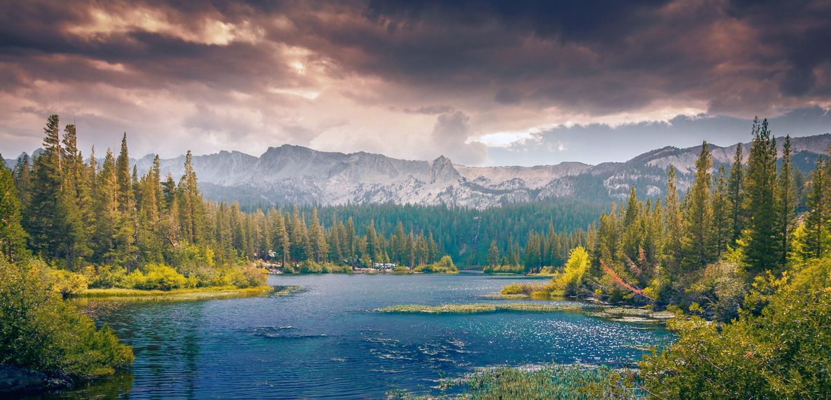 Jezero obklopené hustým lesem s&nbsp;horami na obzoru pod dramatickou oblohou.