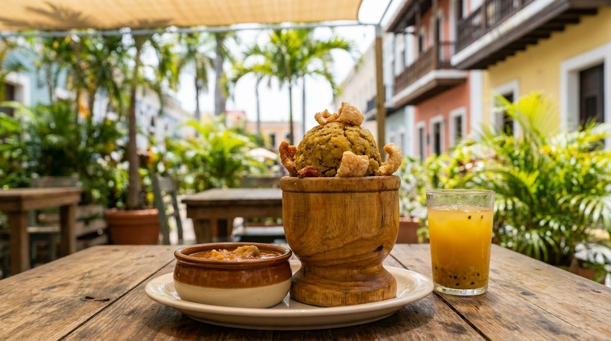 Mofongo – rozmačkaný smažený zelený banán plantain, ochucený česnekem a škvarky, často plněný masem, krevetami nebo kuřecím ragú