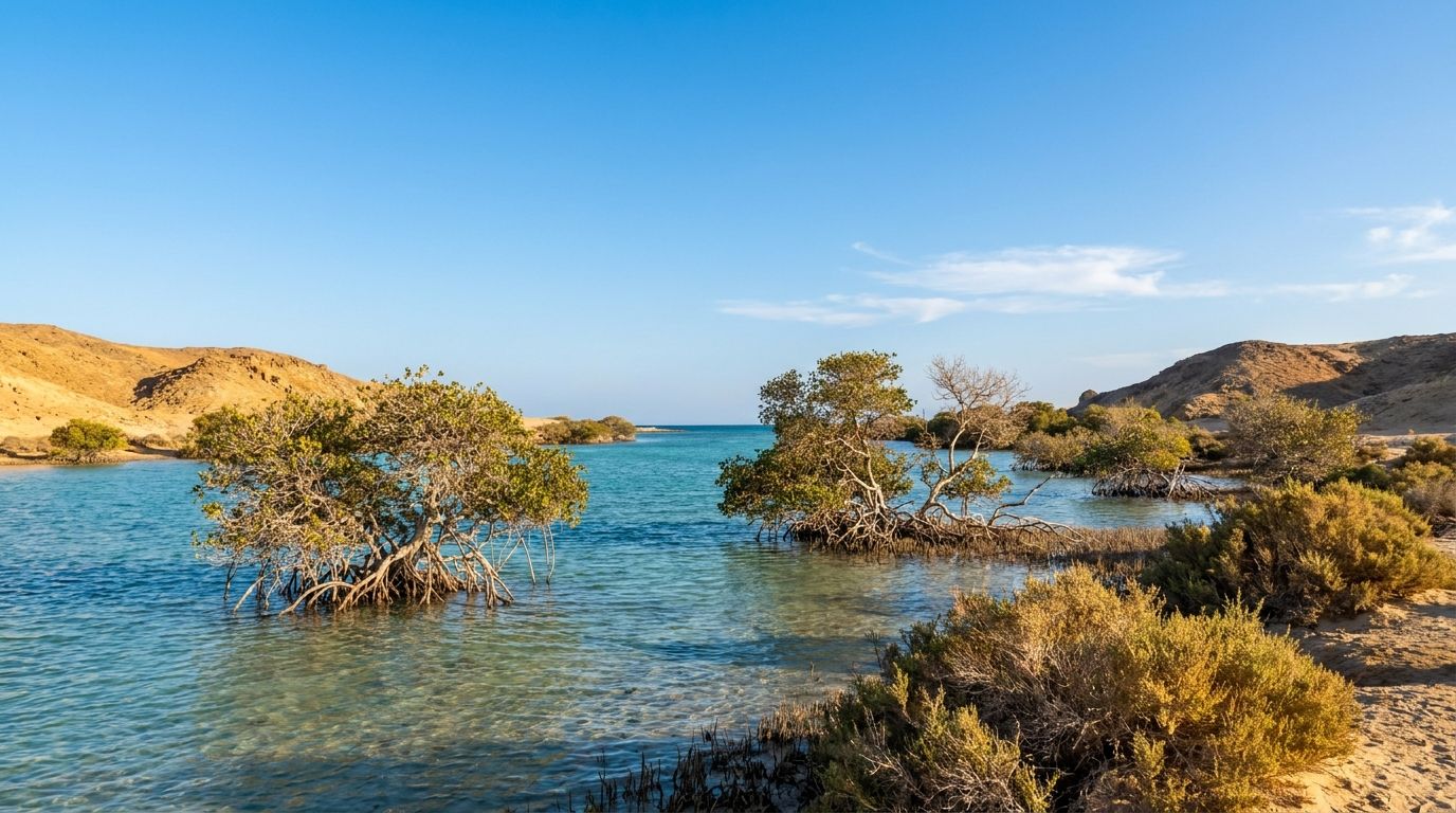 Mangrovové laguny a pobřežní příroda v národním parku Wadi el-Gemal u Marsa Alam
