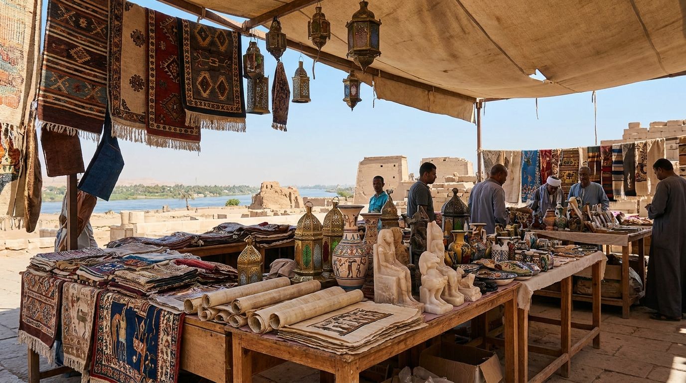 Egyptské suvenýry a upomínkové předměty na stánku