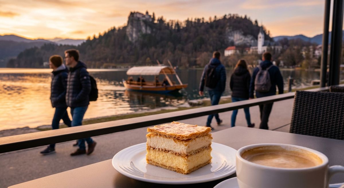 Kúsok tradičného slovinského zákusku kremšnita s vaflovou vrstvou a šľahačkou na tanieri pri jazere Bled