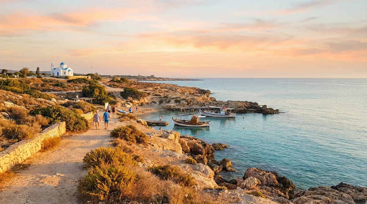 Pobřeží Ayia Napa s kostelíkem Agios Nikolaos při západu slunce