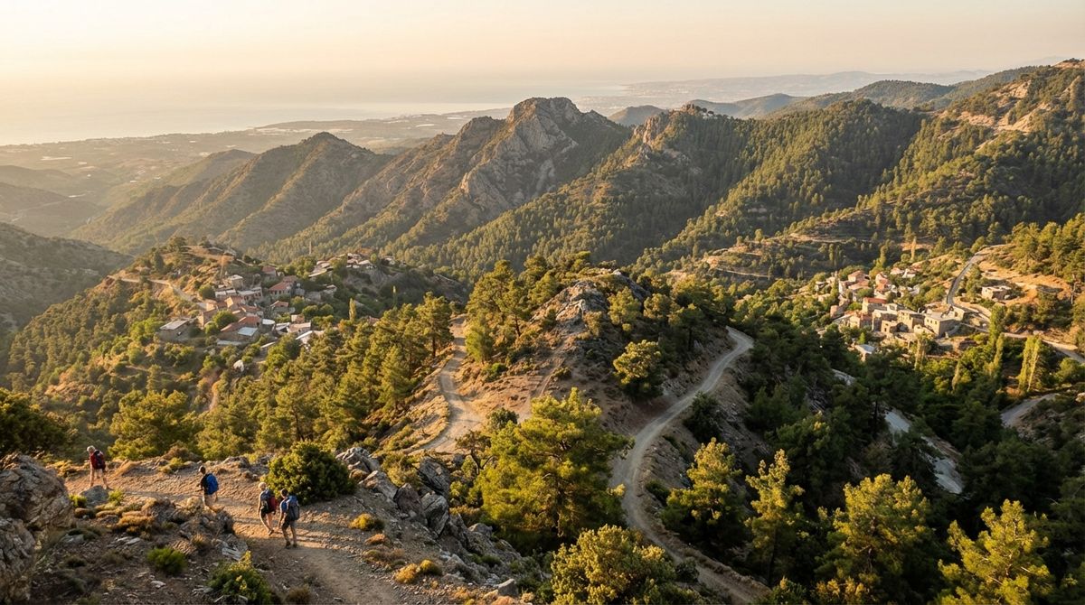 Pohoří Troodos s borovicemi a výhledem na moře