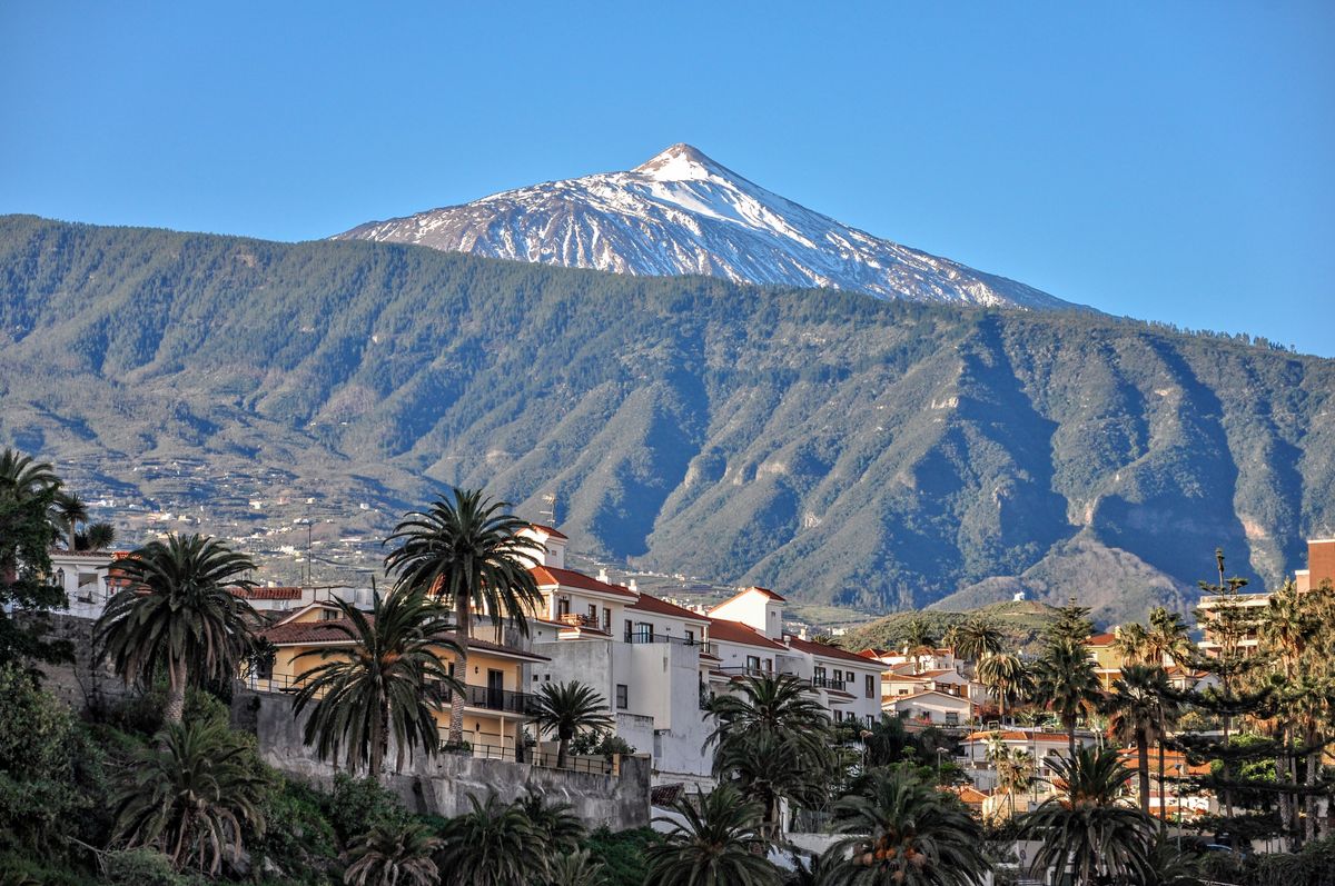 Pohled na zasněžený vrchol sopky Pico de Teide na Tenerife, obklopený zelenými horami a palmovými korunami ve městě níže.