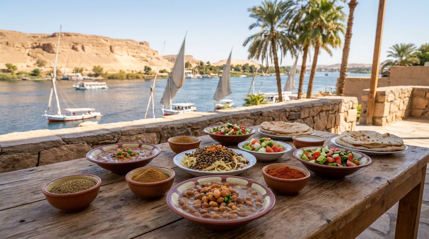 Tradiční egyptské pokrmy na talíři s pečivem a zeleninou