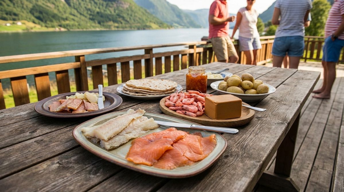 Typická norská tabule s rybami, pečivem a místními specialitami