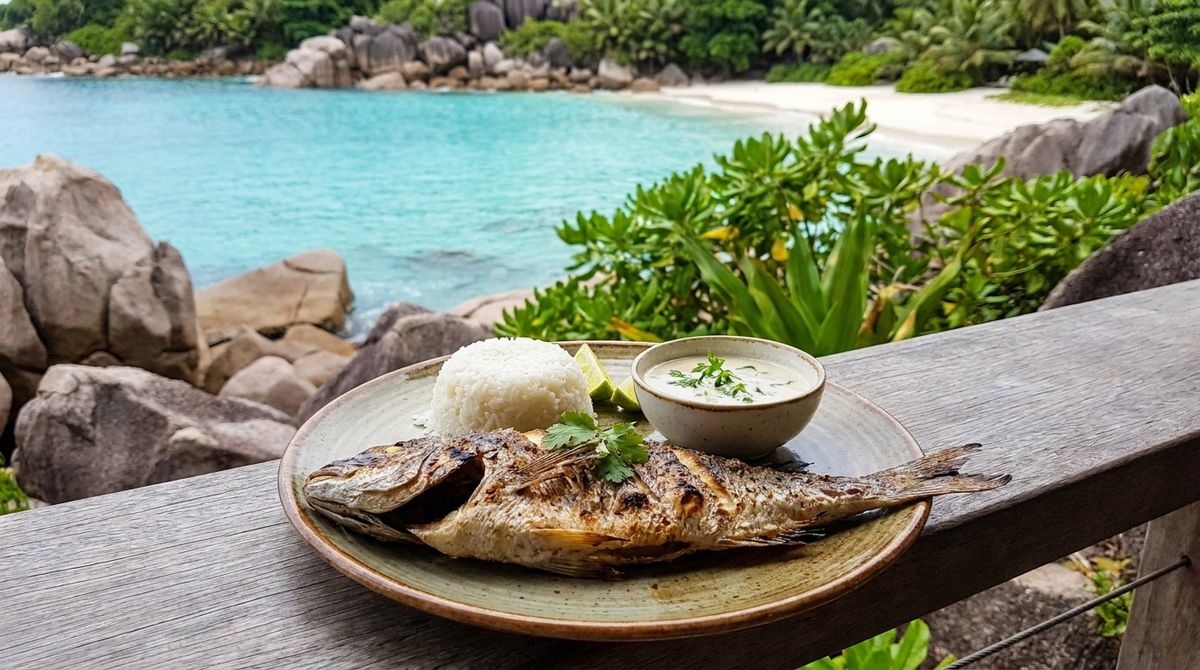 Tradičné seychelské jedlo s grilovanou rybou, ryžou a kokosovou omáčkou na tanieri
