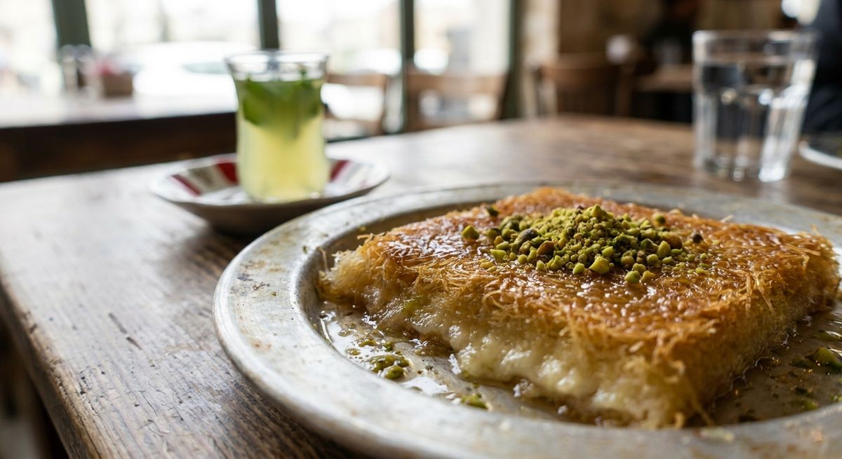 Sladké arabské pečivo baklava a sklenka mátového čaje