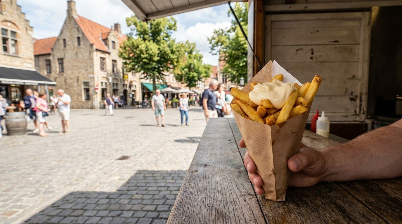 Tradiční belgické hranolky ve kornoutu s majonézou na stánku ve Flandrech