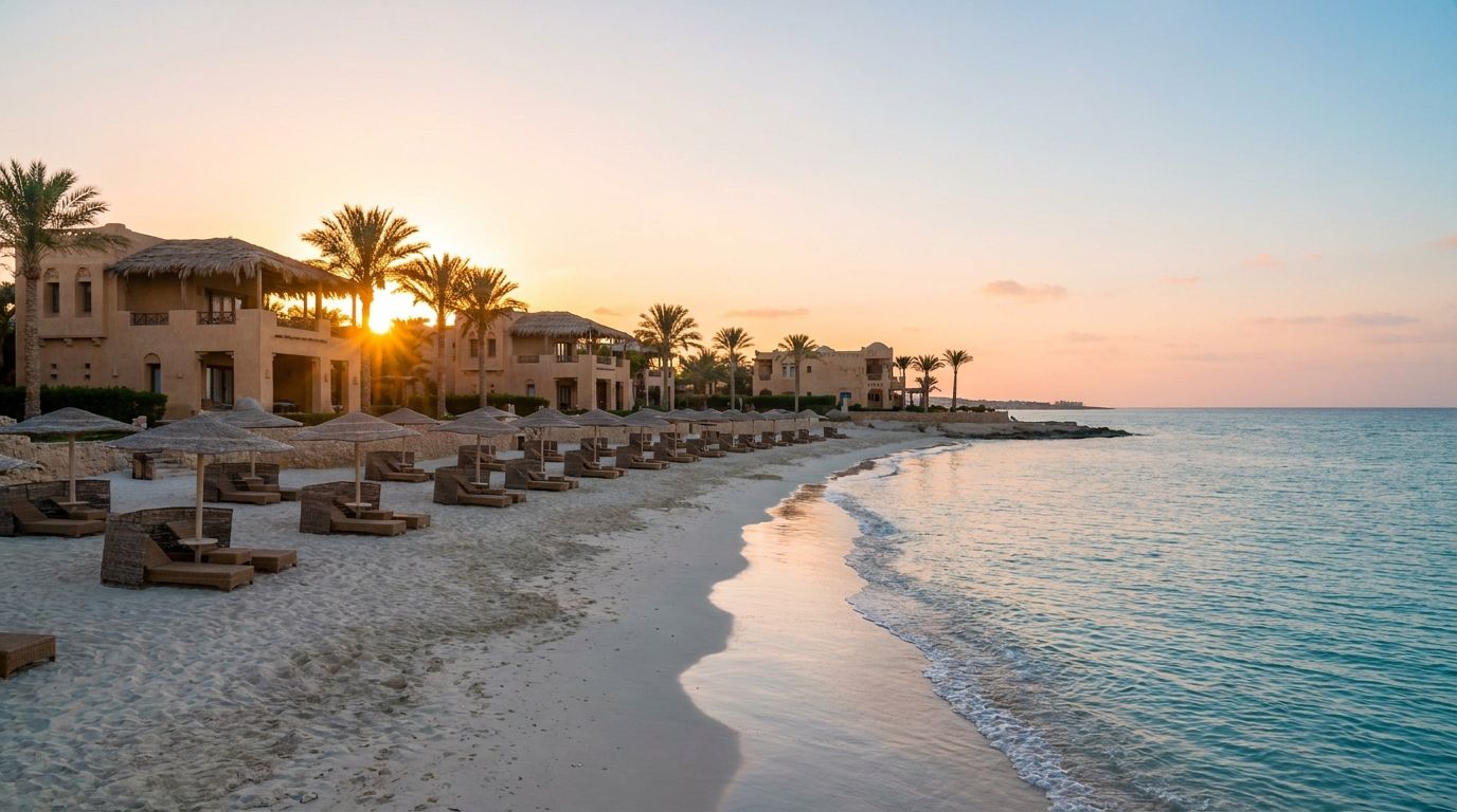 Plážový resort s tyrkysovým mořem v Marsa Matrouh