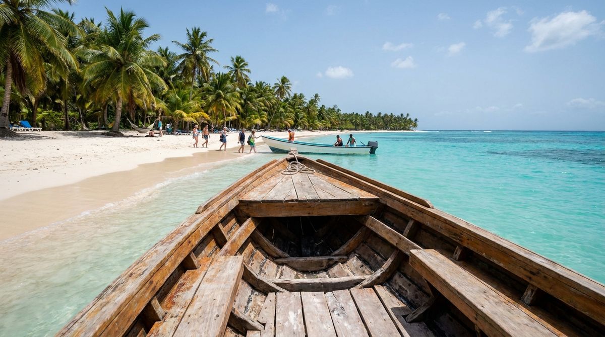 Turistický člun u rajského ostrova Isla Saona poblíž La Romany