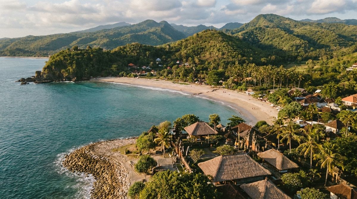 Pobřeží Bali s tropickou zelení a vulkanickým reliéfem ve vnitrozemí