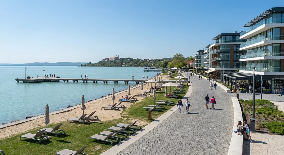 Pobřeží jezera Balaton s promenádou a pláží