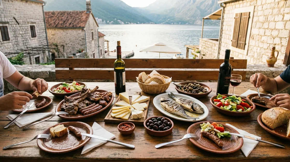 Typická černohorská tabule kombinuje maso, sýry, zeleninu i pobřežní speciality