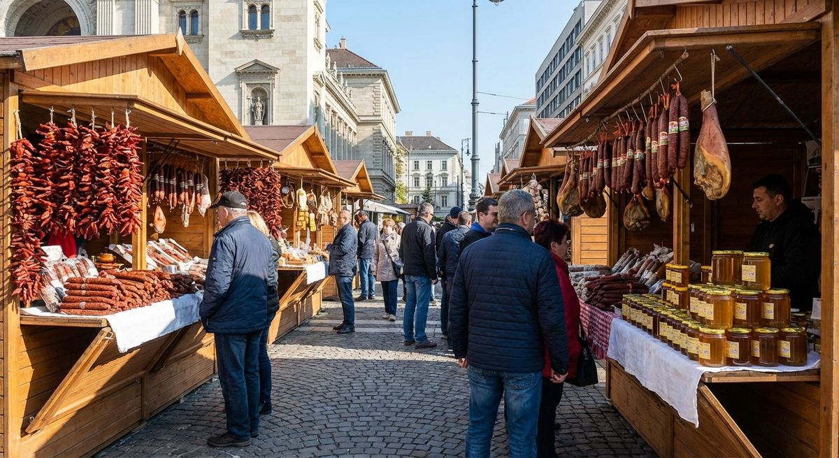 Stánky na maďarské tržnici s paprikou a uzeninami