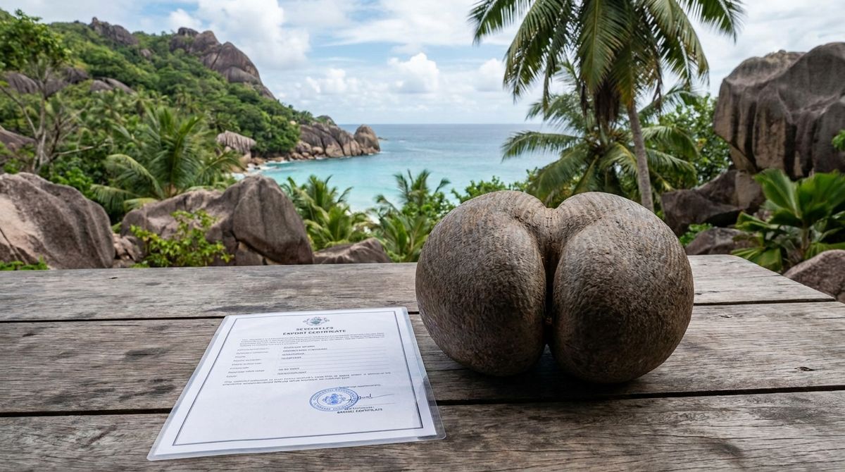 Vzácny orech Coco de Mer typický pre Seychely s certifikátom na vývoz