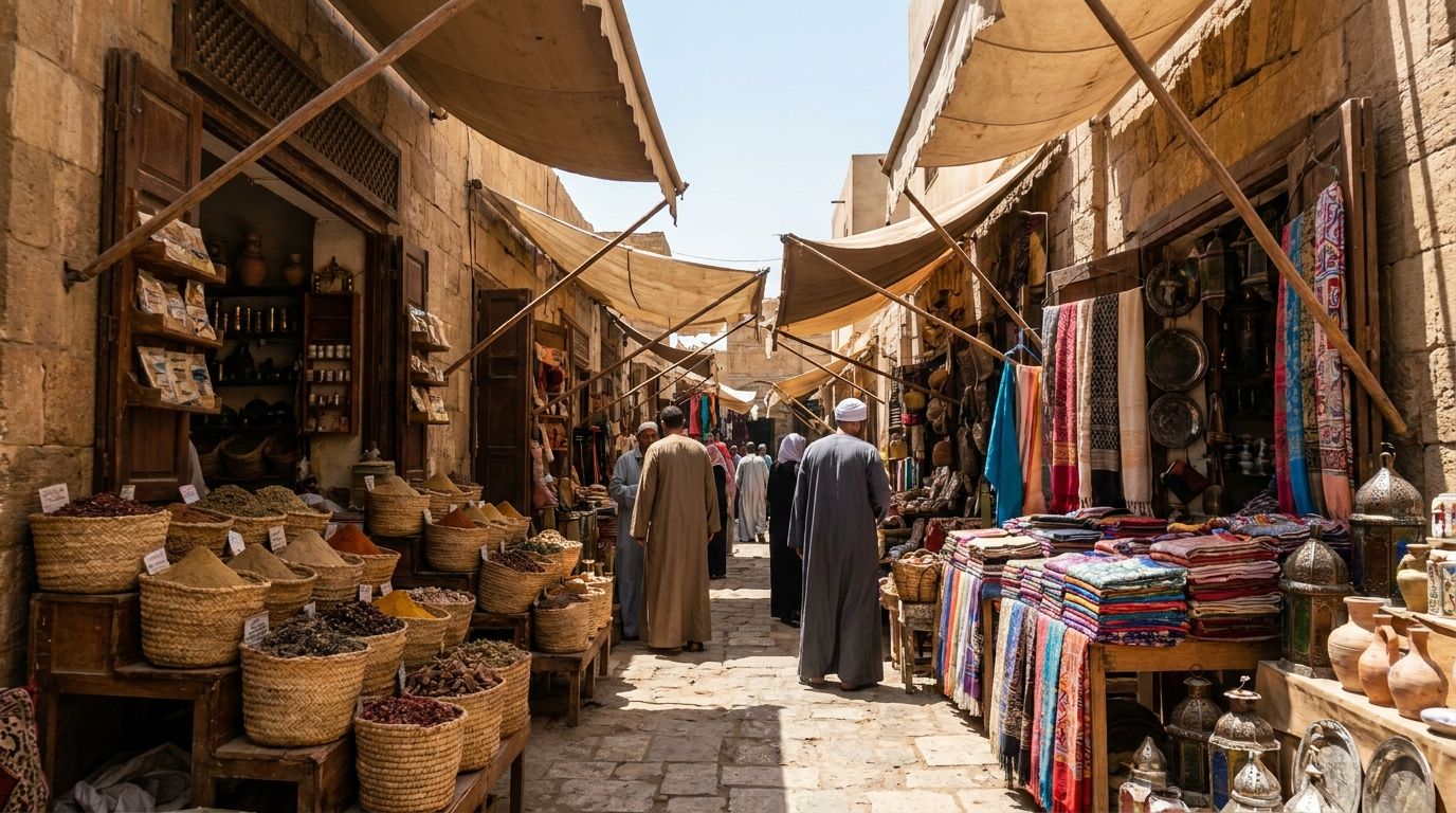 Tradiční egyptská tržnice s kořením, suvenýry a barevnými látkami