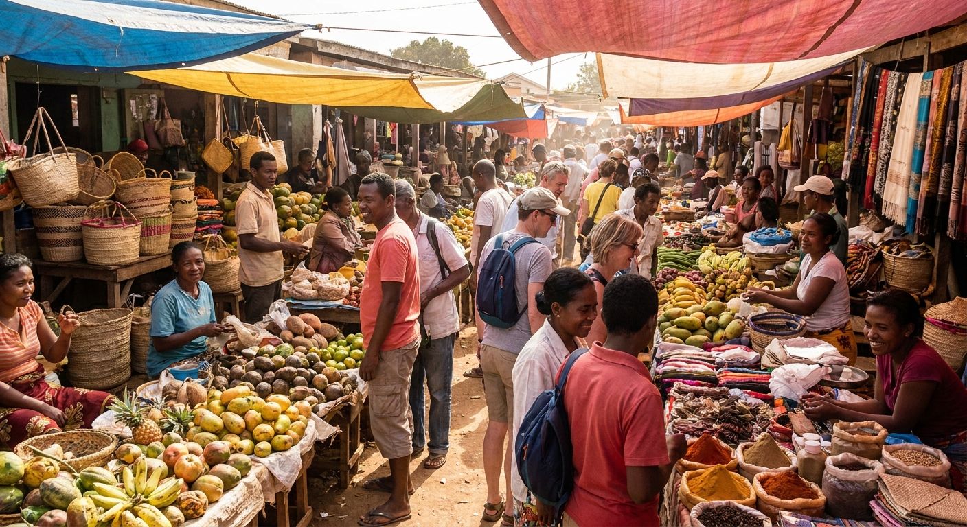 Tržiště na Madagaskaru s&nbsp;ručně vyráběnými suvenýry
