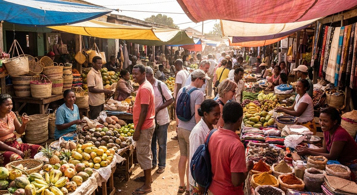 Tržiště na Madagaskaru s&nbsp;ručně vyráběnými suvenýry