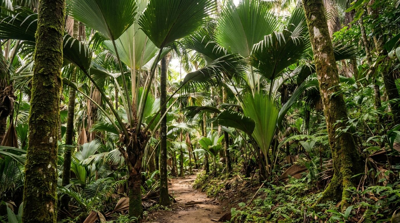 Zelený prales Vallée de Mai na ostrove Praslin s vysokými palmami coco de mer