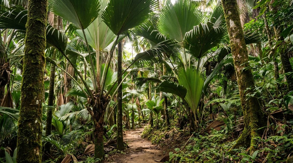 Zelený prales Vallée de Mai na ostrove Praslin s vysokými palmami coco de mer