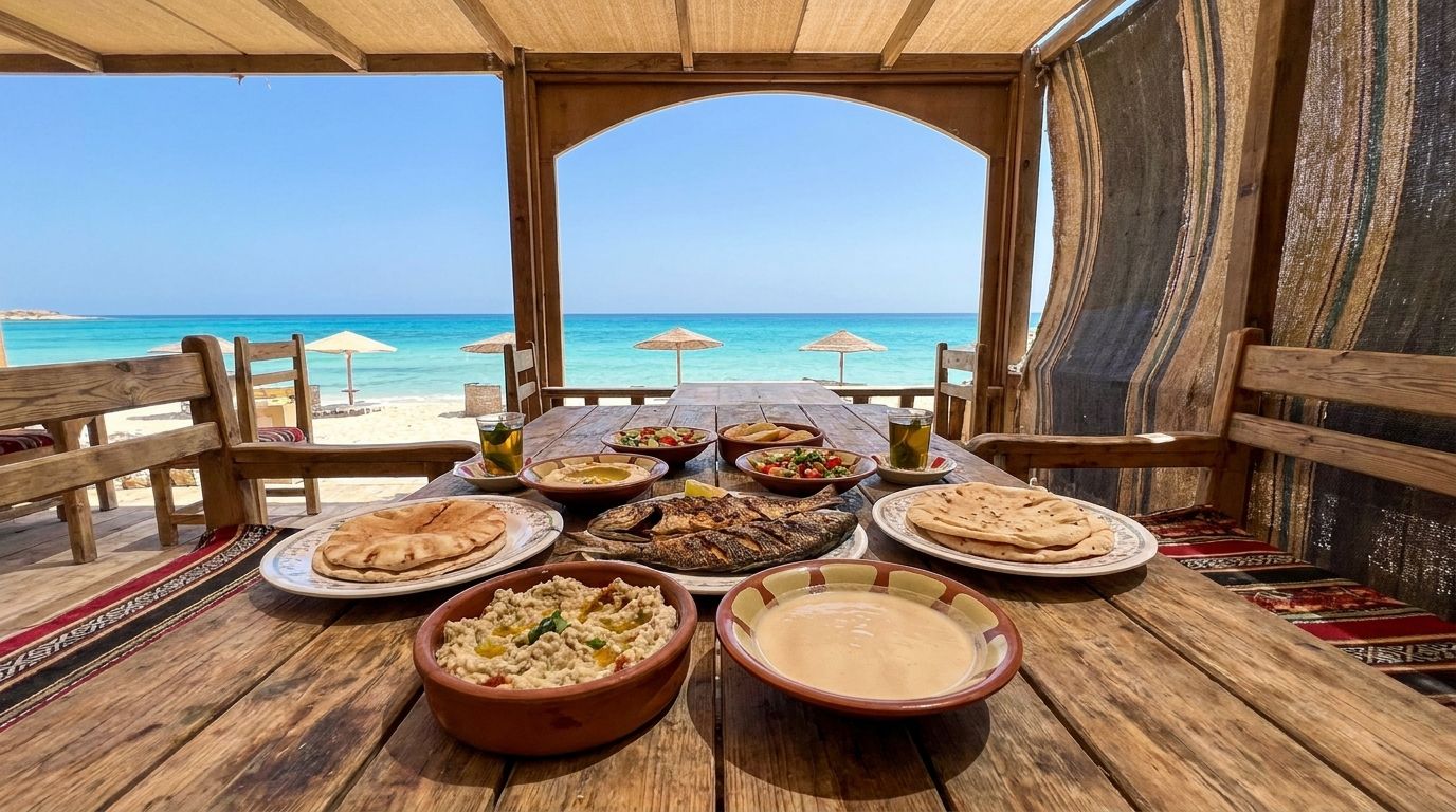 Prostřený stůl s egyptskými specialitami a grilovanými rybami v přímořské restauraci v Marsa Matrouh