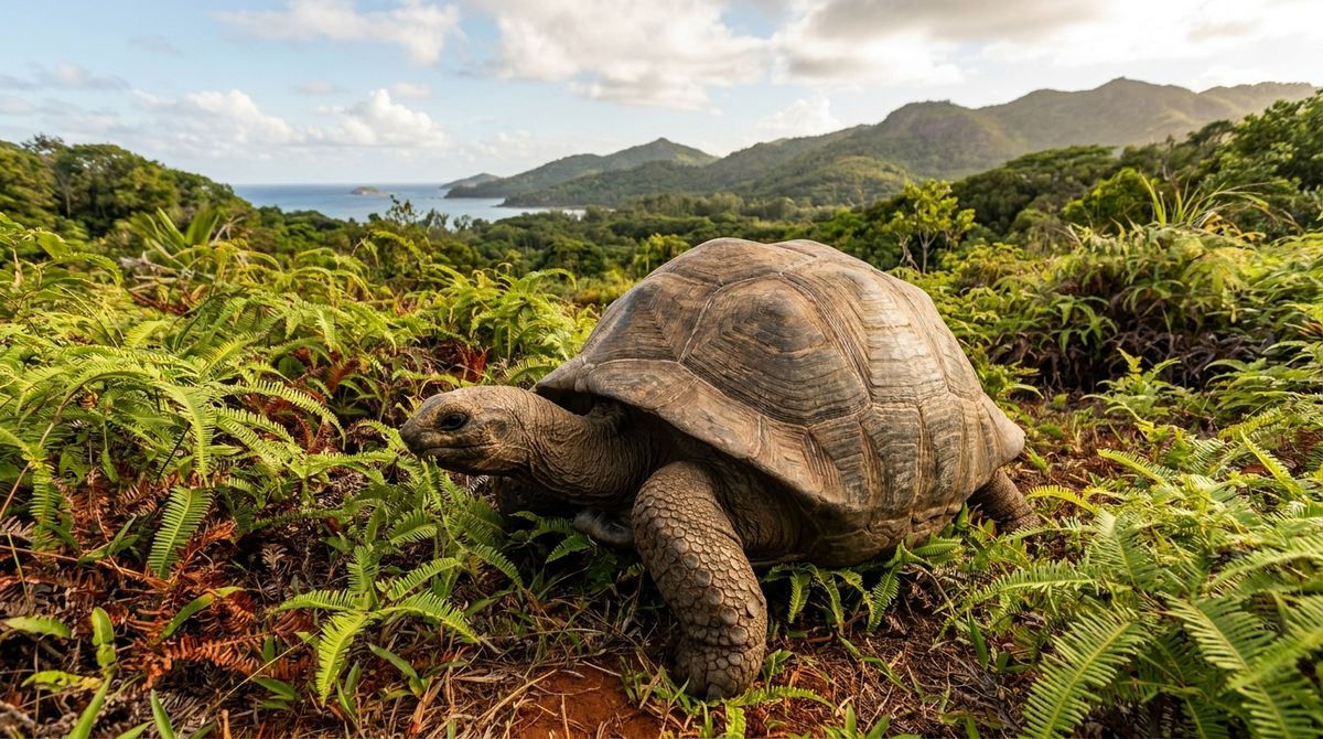 Obria aldabranská korytnačka v zeleni prírody na seychelskom ostrove Curieuse
