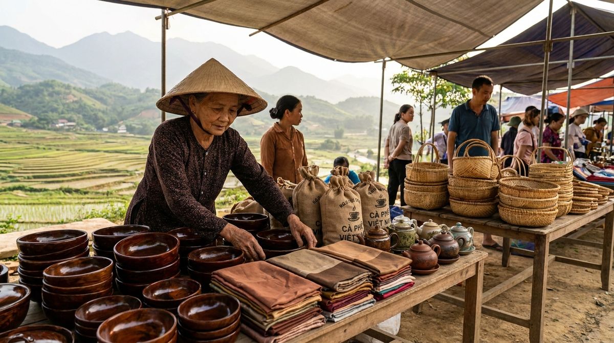 Tradiční vietnamský obchod se suvenýry nabízí lakované výrobky, hedvábí i&amp;nbsp;místní kávu