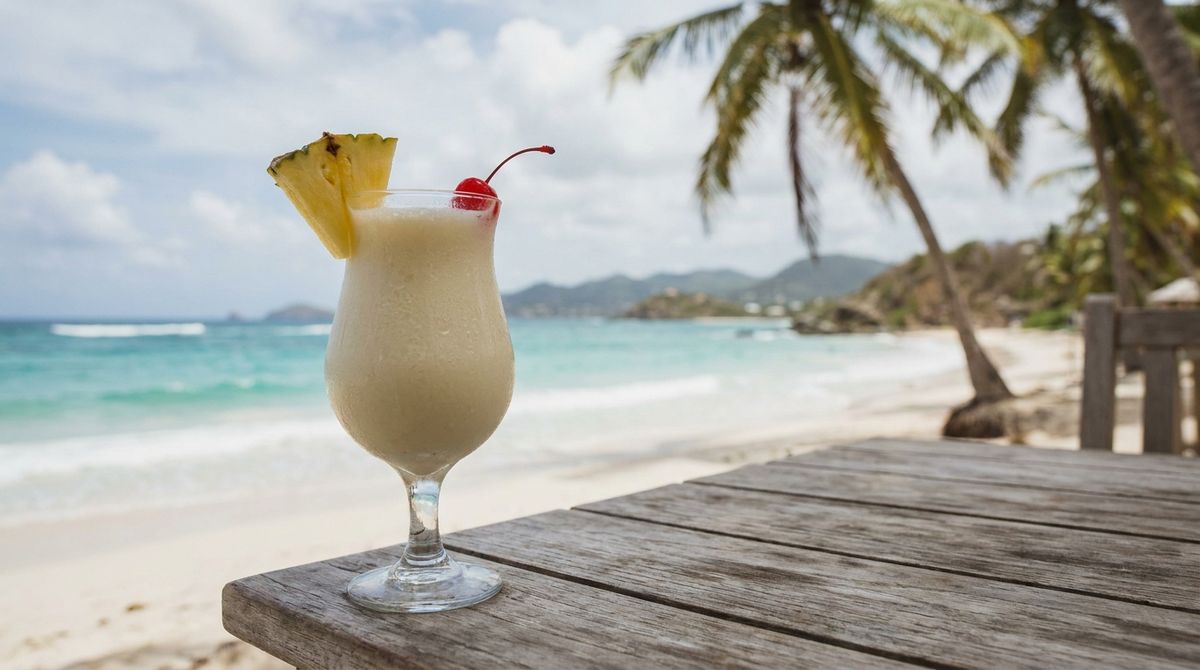 Sklenice osvěžujícího koktejlu Piña Colada s kouskem ananasu na pozadí pláže