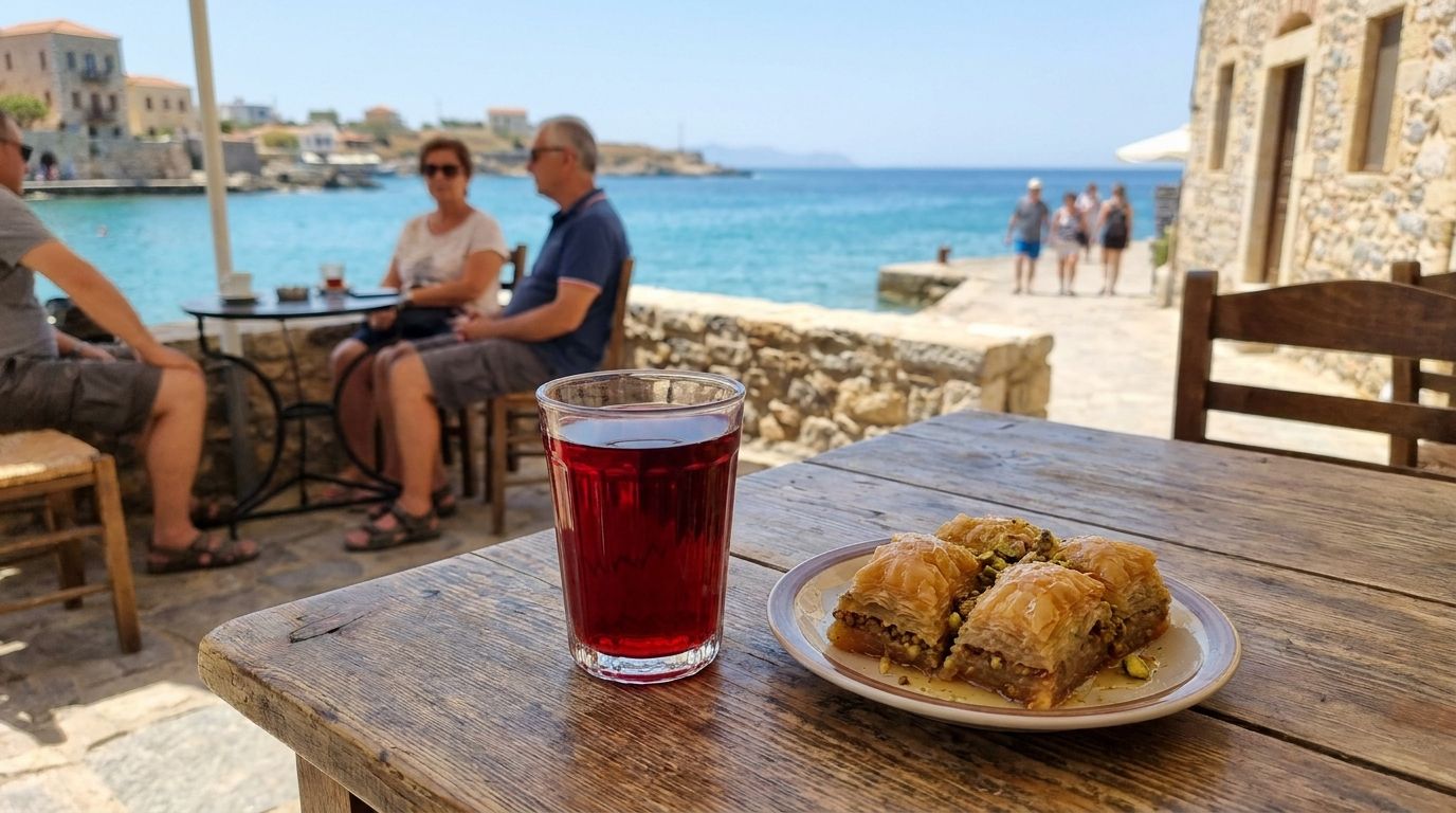 Sklenice sytě červeného ibiškového nápoje karkade a sladké pečivo baklava