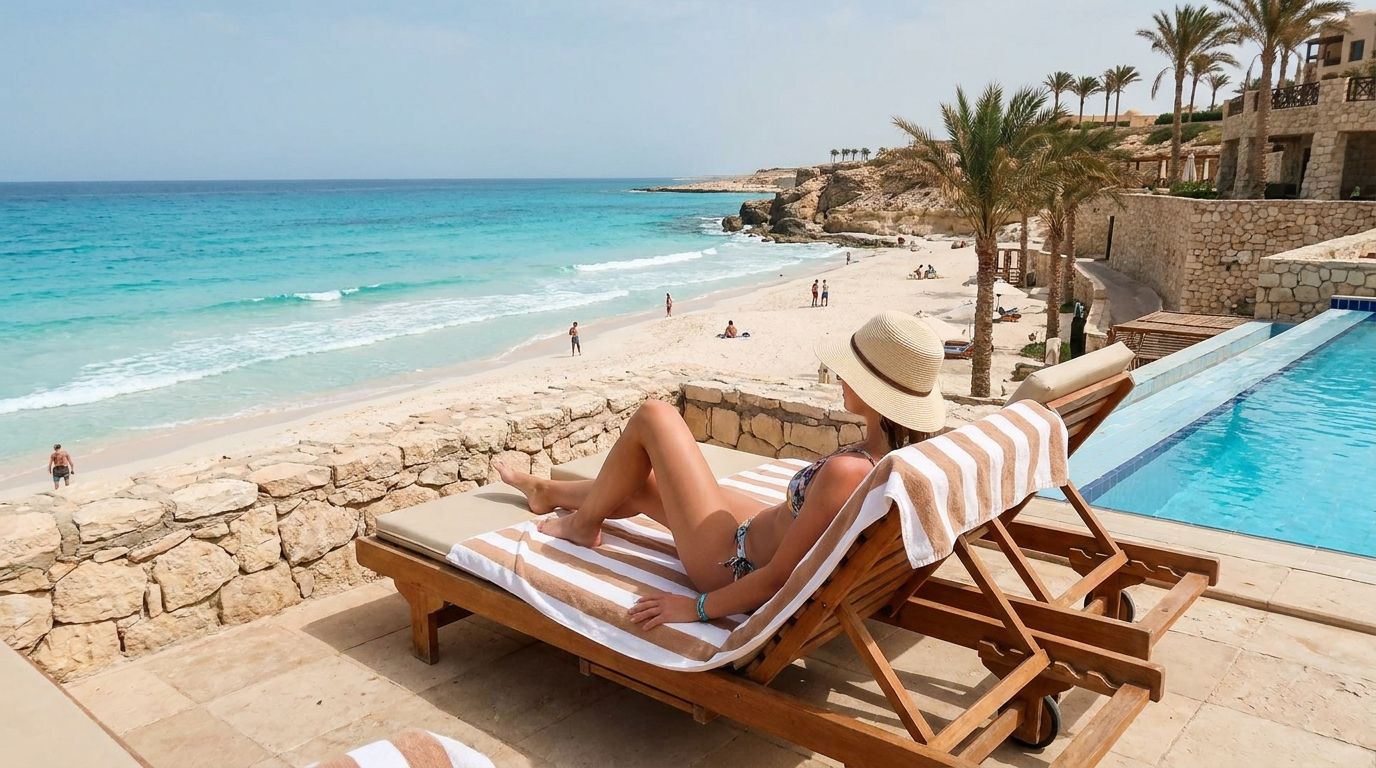 Pohled na pobřeží a pláž v egyptském Marsa Matrouh