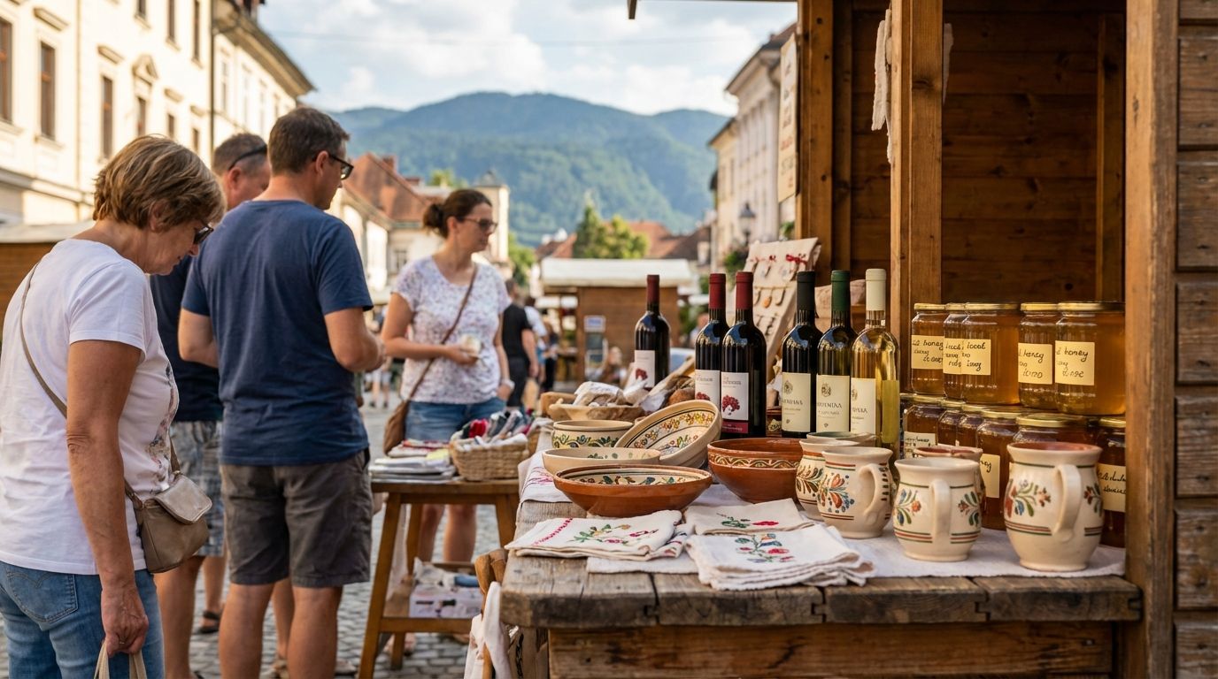 Farmársky trh v Ľubľane s domácim medom, syrom a čerstvými produktmi