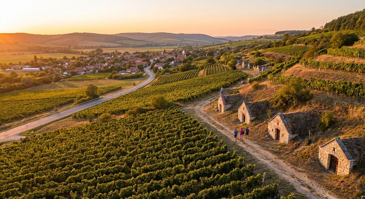 Vinné sklepy a vinice v oblasti Tokaj v podvečerním světle