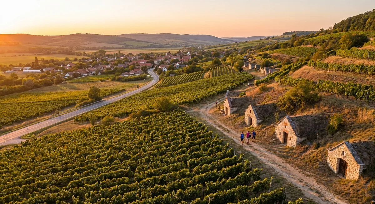 Vinné sklepy a vinice v oblasti Tokaj v podvečerním světle