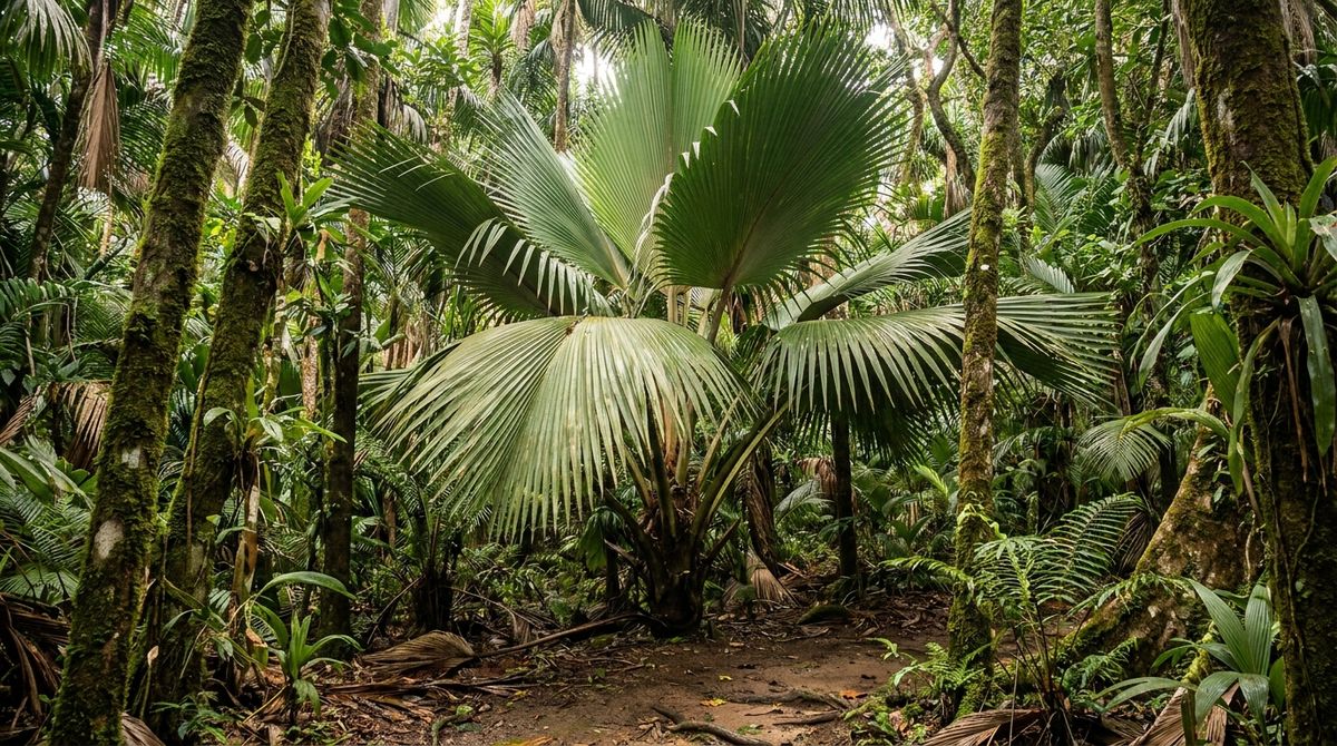 Palma coco de mer v pralese Vallée de Mai na ostrove Praslin