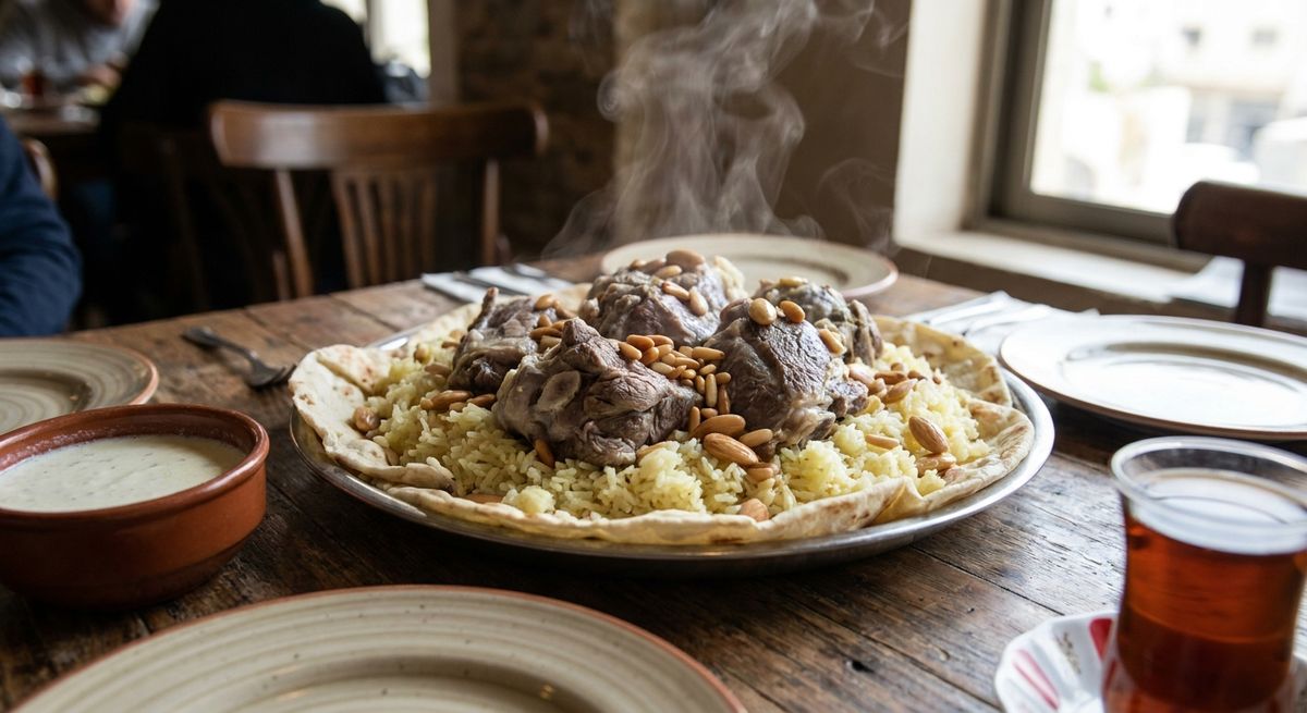 Tradiční jordánský pokrm mansaf s&nbsp;jehněčím masem a&nbsp;rýží