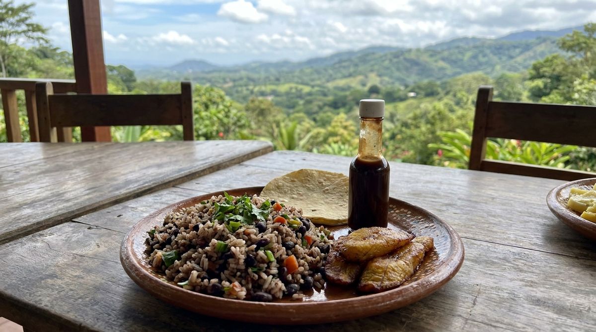 Gallo pinto, směs rýže a černých fazolí ochucená koriandrem a omáčkou Salsa Lizano.